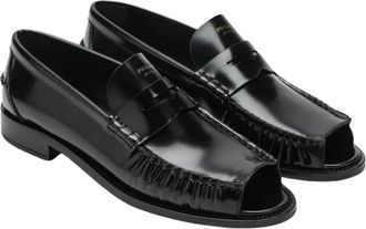 Prada Brushed Leather Peep-Toe Loafers - Dames - Loafers - Zwart - 37 1/2 EU - Leer - Schoenen