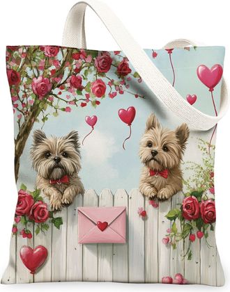 Generic Valentines Day Chihuahua Dog Canvas Tote Bag for Shopping 13x15, Farm Couple Puppy Reusable Grocery Print Bag for Women, Pet Beach Aesthetic Painting 