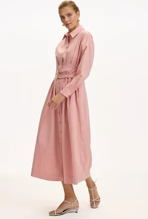 Exquise Belted Fitted Waist Midi Shirt Dress in Pink at Nordstrom, Size X-Large