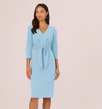 Adrianna Papell Three Quarter Sleeve Pleated Midi Dress With Tie Waist In Blue Mist