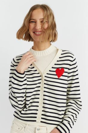 Chinti and Parker Cream-Navy Wool-Cashmere Heart Breton Cardigan