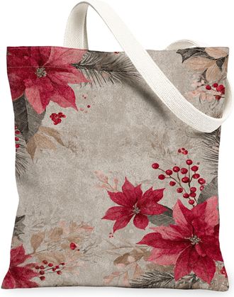 Generic Christmas Floral Canvas Tote Bags, Chic Flower Pattern Reusable Grocery Bags, Vintage Lightweight Washable Shoulder Strap C, Red, 13x15 Inch