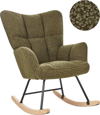 Beliani Silla Mecedora De Boucl&eacute; Verde Oscuro Negro Madera Clara Patas De Madera Oulu