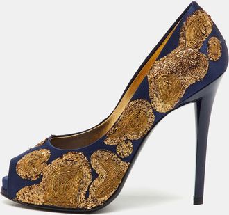 Roger Vivier Navy Blue/gold Embroidered Satin Peep Toe Platform Pumps