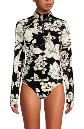 Lands End Long Sleeve Rash Guard Cover-up UPF 50 in Black/egret Lilies at Nordstrom, Size X-Small