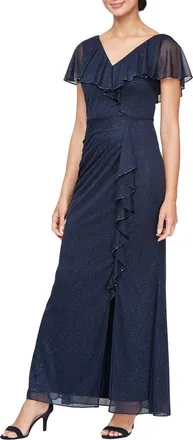S.L. Fashions Beaded Shimmer Capelet Gown in Navy at Nordstrom, Size 12P