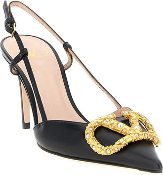 Valentino Garavani Womens Vlogo Jewel Slingback Pump Black Calfskin Leather
