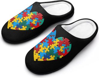 Generic Autism Puzzle Heart Fashion Cotton Slippers for Women Memory Foam House Slippers Non-Slip House Bedroom Shoes
