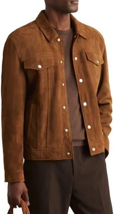 Reiss Edington Goatskin Suede Trucker Jacket in Tobacco Brown at Nordstrom Rack, Size X-Large