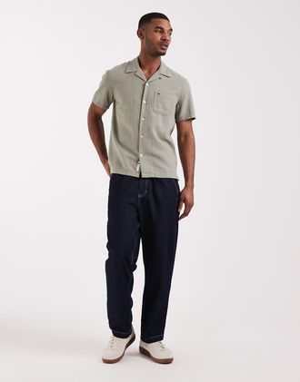Tommy Jeans Camicia a maniche corte in misto lino kaki con colletto cubano-Verde