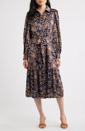 Julia Jordan Floral Long Sleeve Midi Shirtdress in Navy Multi at Nordstrom, Size 14