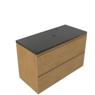 Saniclass Holz Pure Badkamermeubelset - 100x45x63cm - Noche basalten wastafelblad gepolijst (zwart) - 1 kraangat - 2 lades - mat eiken natural (hout)