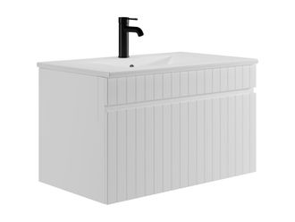 Vente-Unique Mueble de baño suspendido blanco con lavabo encastrado - 80 cm - SATARA