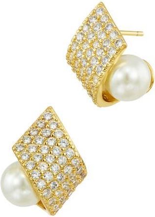 Savvy Cie Jewels Pav&eacute; Cubic Zirconia & Faux Pearl Stud Earrings in Yellow Gold at Nordstrom Rack