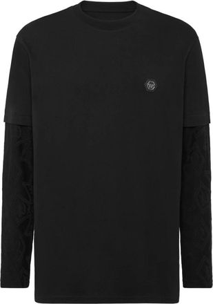 Philipp Plein Double-Sleeved Longsleeve T-Shirt Jacquard Crest - Heren - Longsleeves - Zwart - M - Katoen - Tops