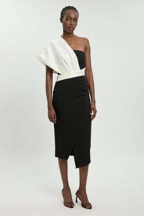 Karen Millen Womens Taffeta Mix Asymmetric Midi Dress - Monochrome Multi - Size 10 UK