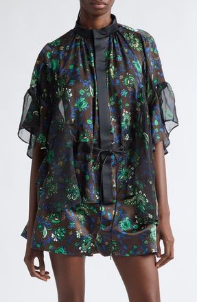 sacai Floral Print Drawstring Button-Up Shirt in Brown at Nordstrom, Size 2