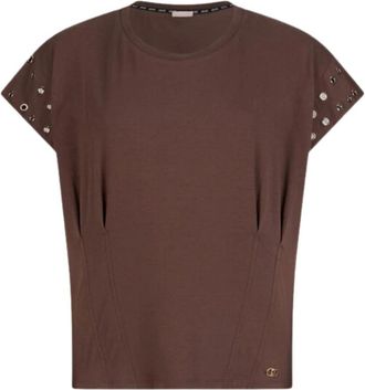 Liu Jo T-shirt met decoratieve oogjes - Dames - T-shirts - Bruin - M - Katoen - Tops
