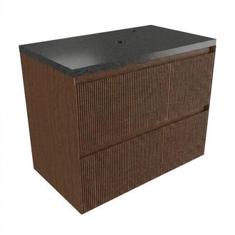 Saniclass Holz Atelier Badkamermeubelset - 80x45x63cm - Noche basalten wastafelblad gepolijst (zwart) - 1 kraangat - 2 lades - mat walnut pure (hout)