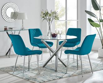 Furniturebox Selina Round Glass Chrome Leg Dining Table & Pesaro Silver Leg Chairs in Blue | Size: 4 Person