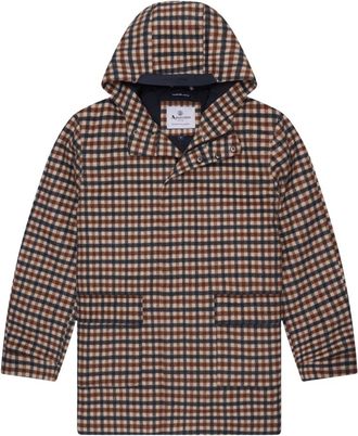 Aquascutum Mens Active Wool Hooded Coat Club Check Jacket - Brown - Size X-Large