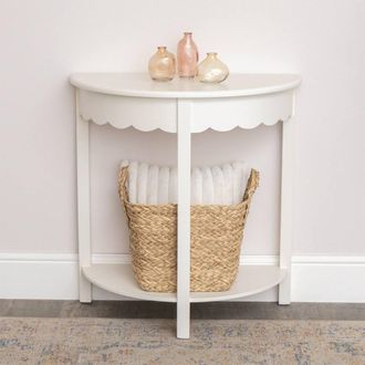 Melody Maison Ivory Scalloped Half Moon Console Table With Shelf - 78cm X 80cm in White | Size: 78 cm X 80 cm