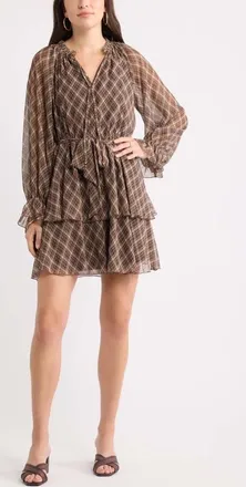 Chelsea28 Floral Chiffon Tiered Minidress in Brown Plaid at Nordstrom, Size Xx-Small