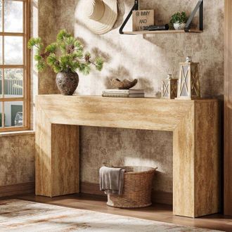 Tribesigns Tribesigns Tavolo dingresso, 160 cm, sottile e lungo, con finitura in travertino e gambe robuste, tavolo rettangolare in legno dietro il divano, per