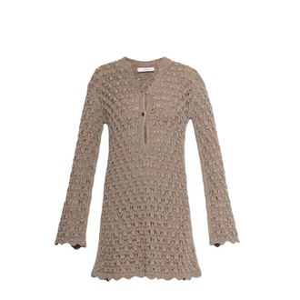 Akep Knitted Dresses, female, Beige, Size: XS Crocheted Long-Sleeve Dress