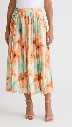 Misook Floral Pleated Crepe de Chine Maxi Skirt in Sunglow/mystic Green at Nordstrom, Size Xx-Large
