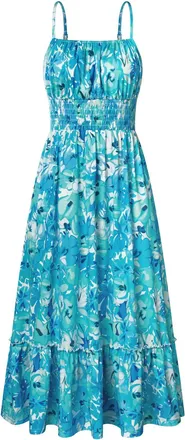 Grace Karin Women Casual Flowy Strappy Floral Long Beach Dress A Line Smocked Maxi Dress for Summer Blue&Green Floral M