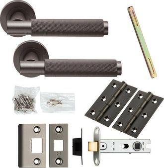 Loops Door Handle & Latch Pack Matt Bronze Knurled Round Bar Screwless Round Rose