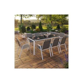 IDMarket Conjunto De Muebles De Jard&iacute;n Madrid Mesa 190 Cm Y 8 Sillas Apilables Blanco Y Gris