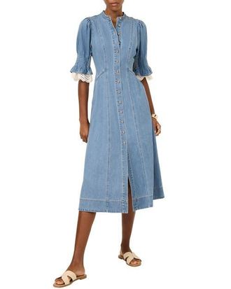 Mint Velvet Denim Crochet Trim Midi Dress in Blue at Nordstrom, Size 10