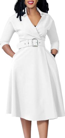 Generic Womens 3/4 Sleeve Flared A Line Dress Wedding Guest Casual Semi Formal Office Lady Dresses with Belt (White,M)