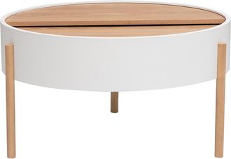 Miliboo Mesa Baja Redonda Blanca Y Madera Clara De Fresno Con Plato Giratorio Y Almacenaje D80 Cm Yoline