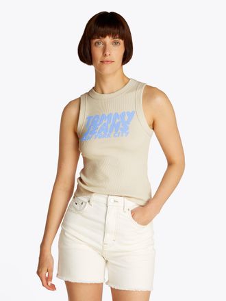 Tommy Jeans Tanktop TOMMY JEANS TJW SLIM SH TJ BUBBLE TANK, Damen, Gr. XL (42), beige (newsprint), Rippware, Obermaterial: 95% Baumwolle, 5% Elasthan, unifarben, 