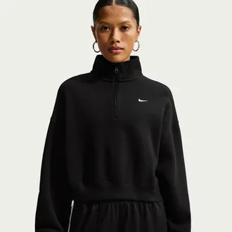 Nike Womens Studio Fleece Medium Weight Oversized 1/4-Zip Cropped Top in Black | IM8501-001