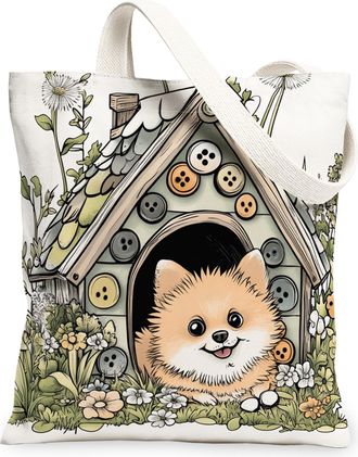 Generic Spring Pomeranian Dog Canvas Tote Bag for Shopping 13x15, Fun Flower Puppy Kennel Reusable Grocery Print Pattern Bag for Women, Cute Pet Beach Aesthet