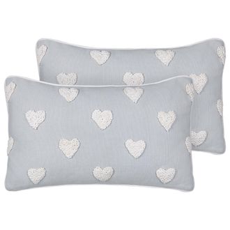 Beliani Conjunto De 2 Cojines De Algod&oacute;n Estampado Bordado Corazones 30 X 50 Cm Gris Gazania