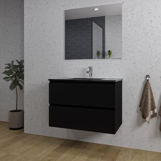 Saniclass Chaci Badkamermeubelset - 80x46x55cm - keramische wastafel zwart - 1 wasbak - 1 kraangat - 2 lades - rechthoekige spiegel - mat zwart