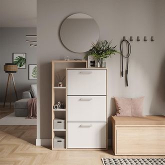 Vicco Zapatera Abatible Orlando, Blanco/sonoma, 80 X 128.3 Cm Con 3 Compartimentos Abatibles, Vicco