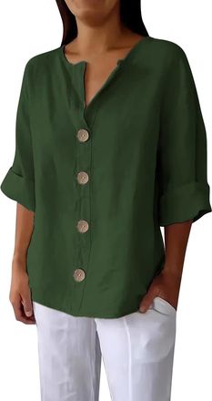 Generic Plus Size 3/4 Sleeve Linen Tops for Women UK Summer V Neck Mid Long Sleeve Tops Ladies Casual Loose Vacation Beach Solid Color down Blouses Tunic T Sh