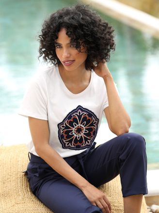 Heine T-Shirt HEINE T-Shirt, Damen, Gr. 34, ecru, 100% Baumwolle, gemustert, mehrfarbig, Rundhals, Shirts T-Shirt