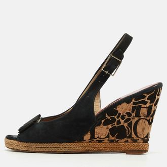 Carolina Herrera Black Suede Bow Cork Wedge Slingback Sandals