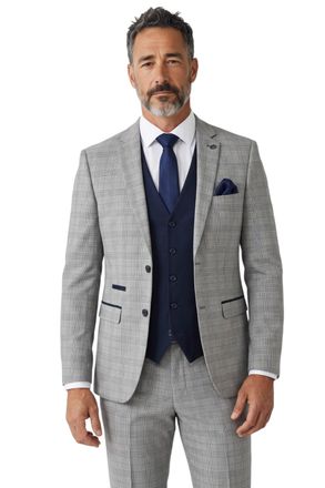 PAUL ANDREW Hugo Grey Glen Check 3 Piece Prince of Wales Suit with Navy Waistcoat