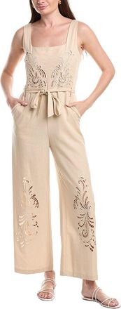 Ellen Tracy Embroidered Linen-Blend Jumpsuit