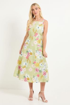 Wallis Womens Petite Floral Check Ottoman Midi Dress - Green - Size 20 UK