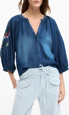 Desigual Embroidered Chambray Shirt in Dark Blue at Nordstrom, Size X-Small