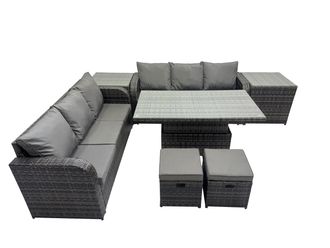 Fimous Rattan Garden Furniture Set 8-seater with 2 Side Table 2 Small Stools in Dark Grey